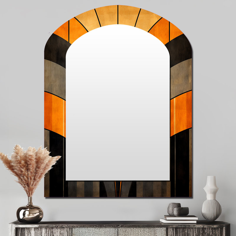 Orange And Grey Vectors - Abstract Shapes Asymmetrical Unique Wall Mirror, Modern Arch Mirror, Printed Metal Art, 43" x 33"