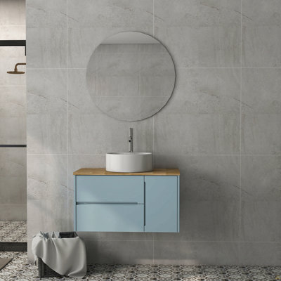Meuble-lavabo mural 36 po à deux tiroirs + une porte. Armoire bleue + plateau en bois massif naturel, lavabo rond en céramique et miroir rond bleu, design minimaliste moderne, beaucoup de rangement!