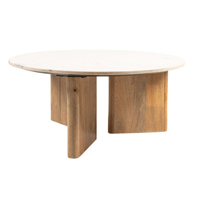 Round Tri-Pod Slat Mango Wood and Marble Coffee Table in Natural Finish by Rowena Interiors