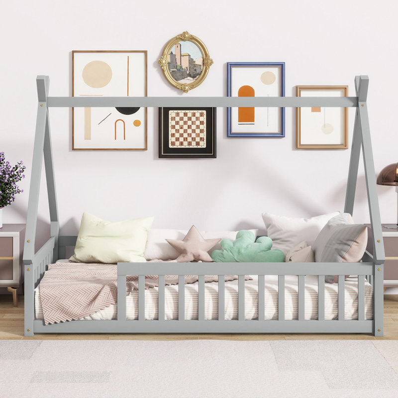 Tent-Shaped Floor Bed,Teepee Bed With Guardrails,Slats, Gray