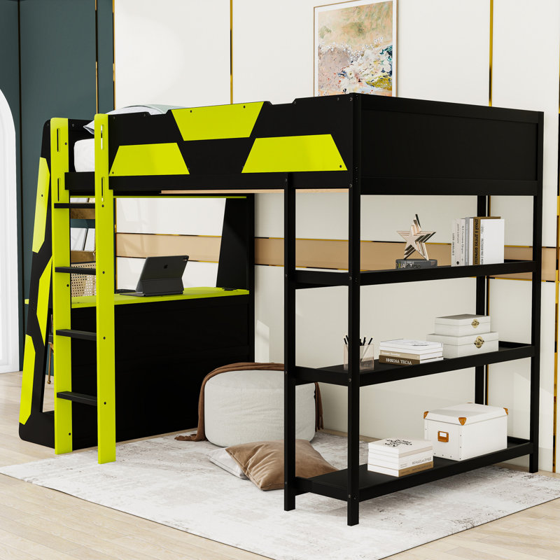 Full Size Loft Bed with Side-Mounted Desk, LED Lighting and Storage Shelves, Black/Green
