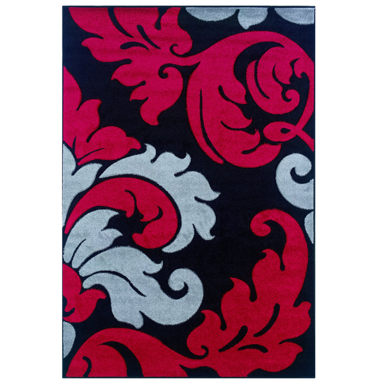 Tapis floral noir / rouge, Rectangulaire 5 pi x 7 pi 7 po