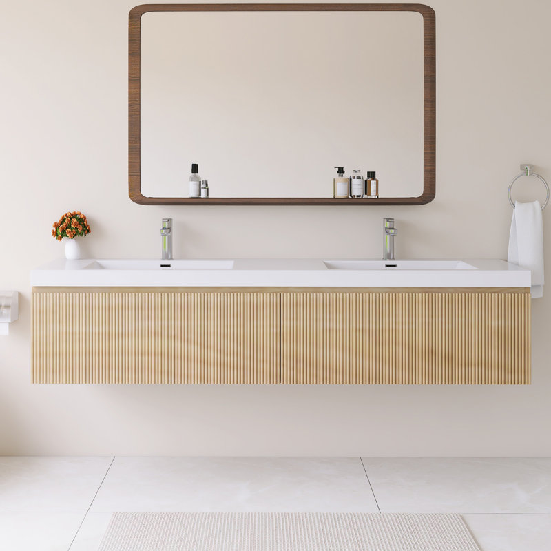 72'' Wall Mounted Single Bathroom Vanity With Glossy White Solid Surface Basin, 71"