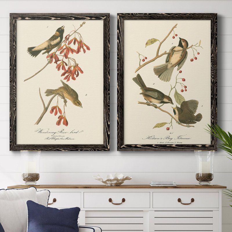 Oiseau de riz Wandering - ensemble de 2 reproductions d'art sur toiles, Toile avec cadre noir, H 37,5 po x l 27,5 po x P 1 po