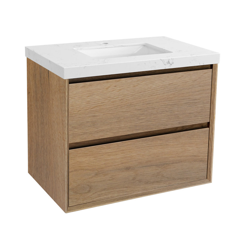Wall-mounted Bath Vanity With Engineered Marble Top, 30", Natural wood