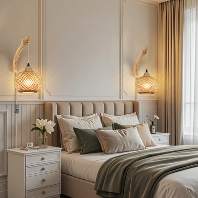 Plug-in Farmhouse Wall Sconce Bamboo Rattan Shade with Wooden Antler Arm(Bulb Not Included)
