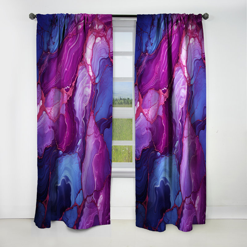 Panneau de rideau abstrait, motif de marbre bleu mauve occultant - Volcan de marbre transparent bleu et mauve IV