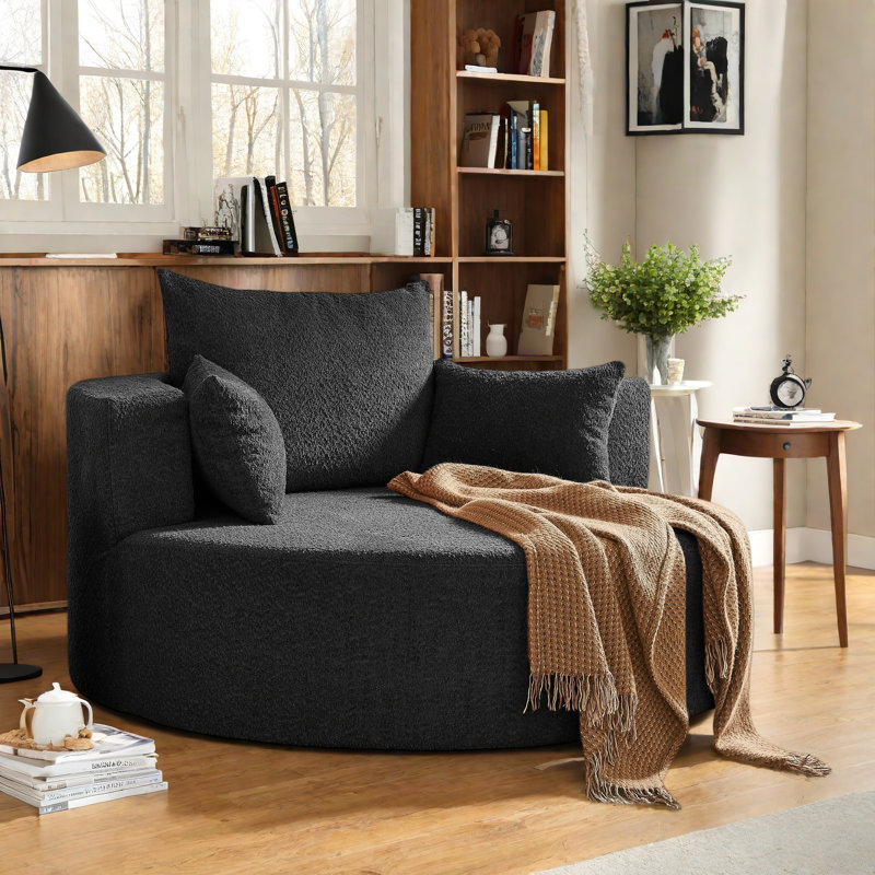 Oversized Swivel Accent Chair, Black, 26.9"H x 55.1"W x 55.1"D