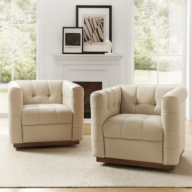 Fauteuil club pivotant carré en cuir véritable l 32,5 po Sonika, Beige