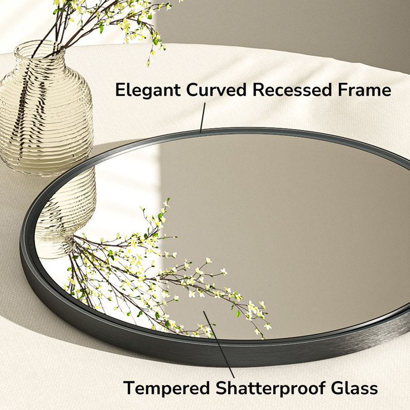Evangelista Aluminum Alloy Framed Tempered Glass Round Wall Mirror, Matte Black, 30" x 30"