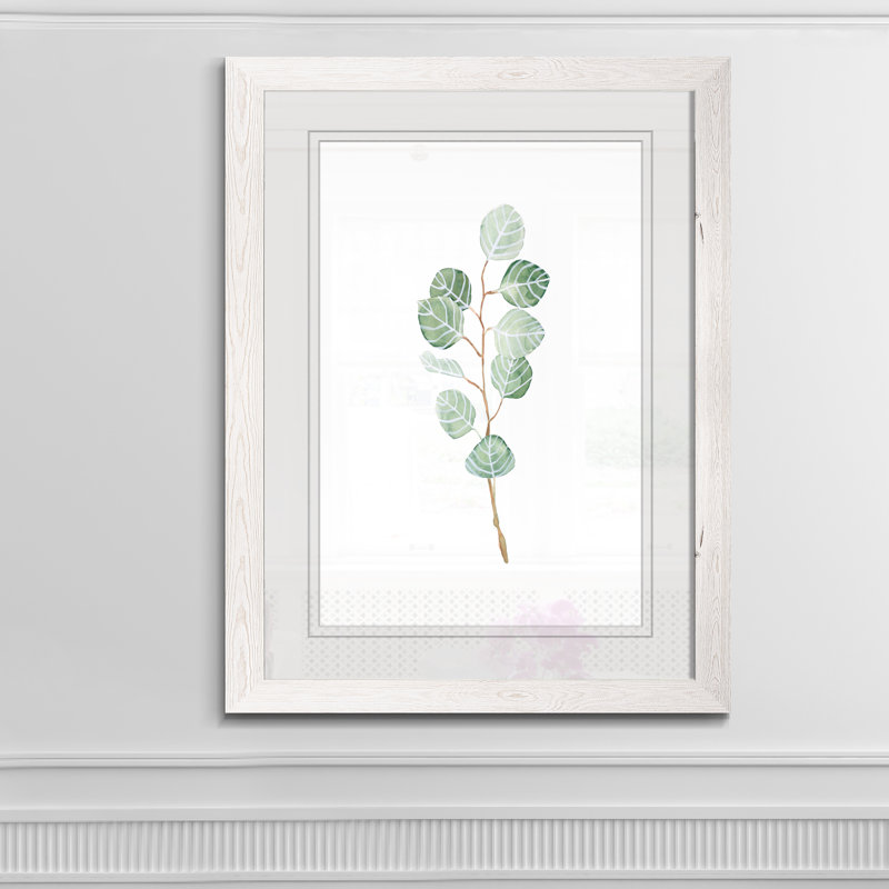 Douce branche d'eucalyptus III - Peinture encadrée sur papier, Cadre blanc, H 44 po x l 32 po x P 1,25 po