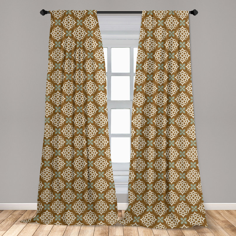Tan and Blue Polyester Rod Pocket Curtain Panels