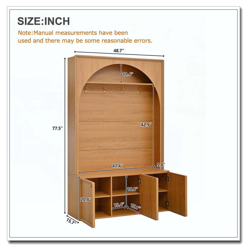 Arbre d'entrée tout-en-un avec tablettes réglables, banc de rangement pour hall d'entrée arqué rétro avec 3 armoires, Naturel