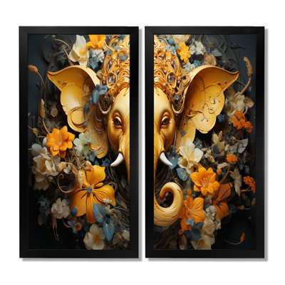 «Hindu Ganesha Elephant Dog Curmeric Tints» - Art mural de l'hindouisme, ensemble de 2 impressions sur toile spirituelles jaunes