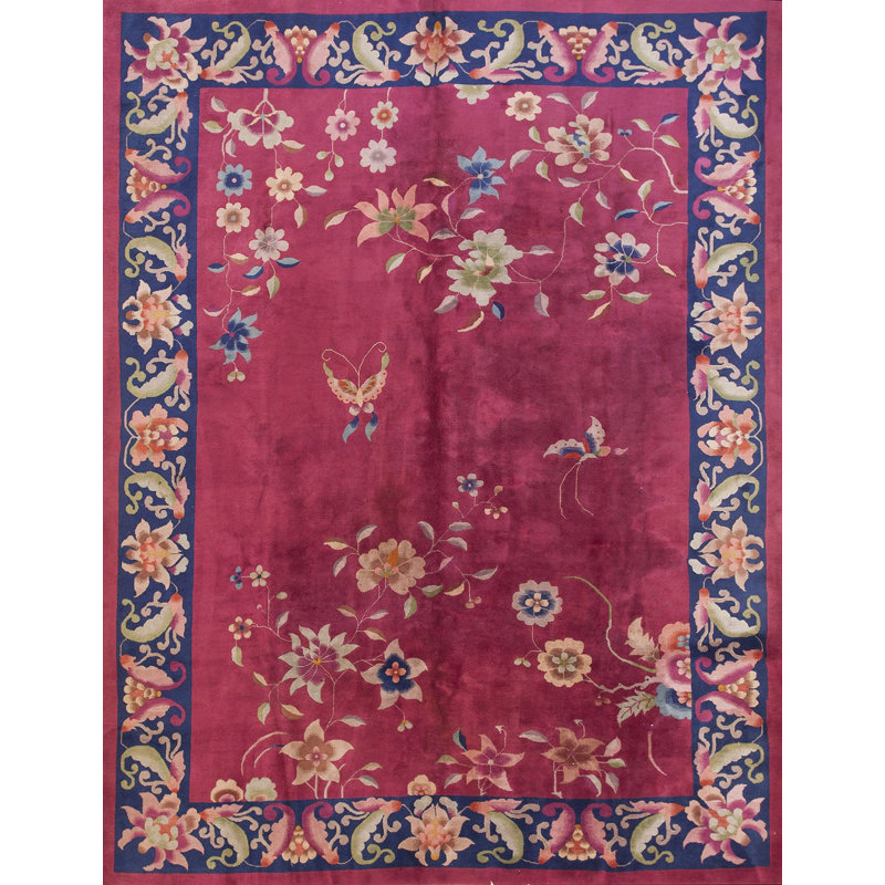 Purple Room Size Antique Hand Knotted Wool Pile Floral Deco Chinese Rug