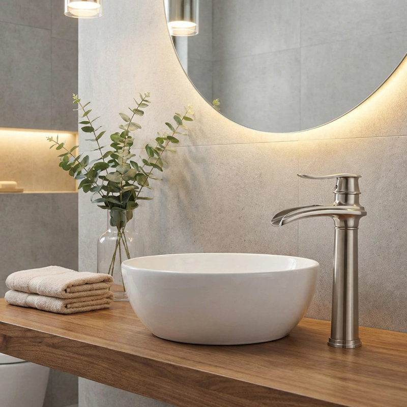 Robinet de lavabo vasque de salle de bain à un trou à poignée simple et haut avec casier escamotable Waterfall, Nickel brossé