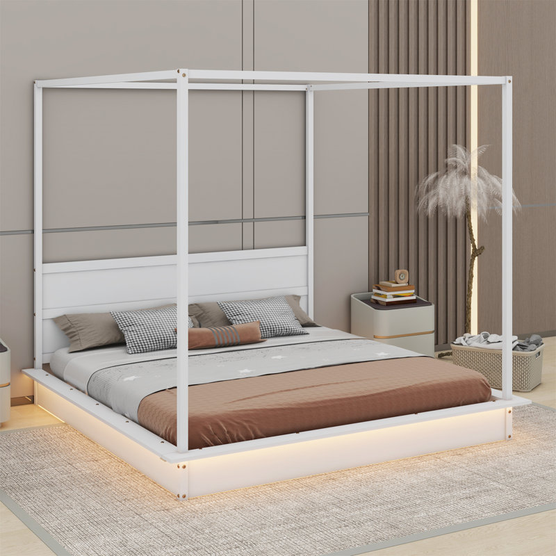 LED Canopy Bed, Canopy Platform Bed With Support Slats