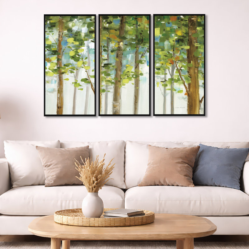 Étude de forêt verte - ensemble d'art mural sur toile traditionnel encadré de 3, H 32 po x l 48 po x P 1 po, Cadre noir