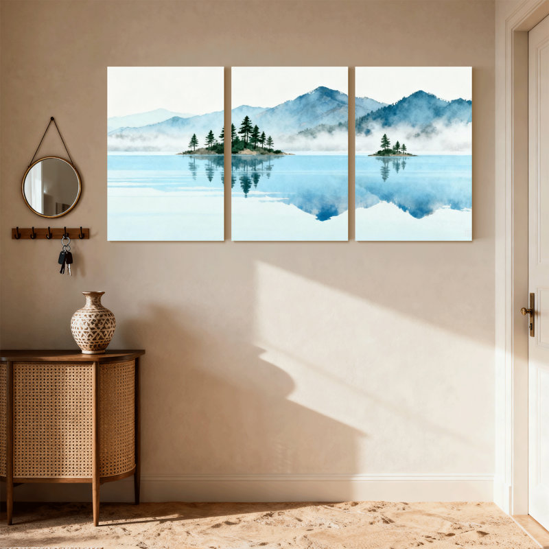Nautique et plage, lac de montagne, réflexion, pins, brouillard, ciel, eau, ensemble de 3 impressions sur toile