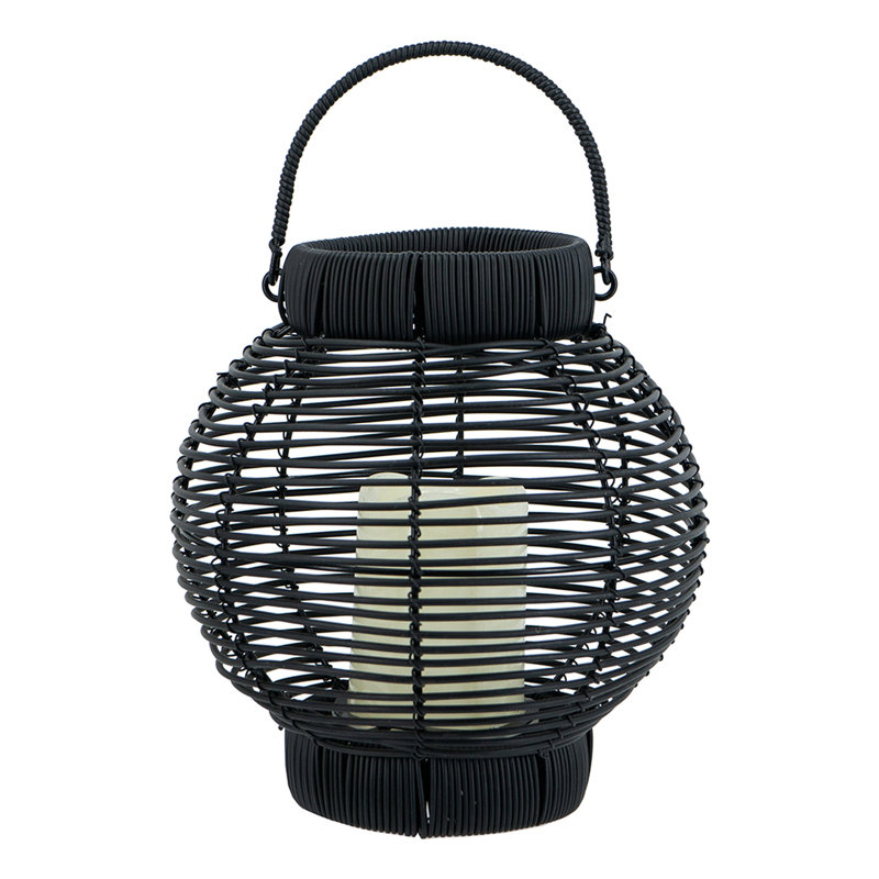 8.7X8.7X9.8" Black Poly Rattan Lantern With White LED Candle