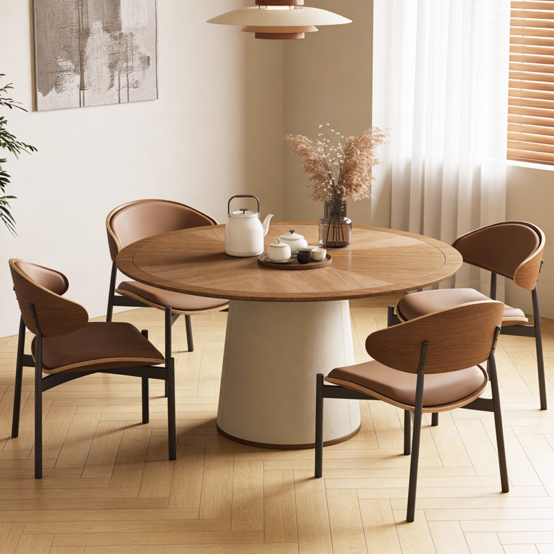 59.05", Round Faux Leather Base Dining Table For 4-6 People, Modern Wood Kitchen Table With Solid Veneer Top, Walnut
