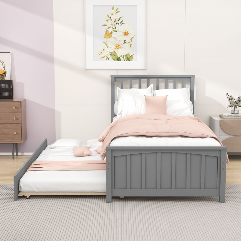 Lit plateforme simple en bois avec lit gigogne simple et lattes, Gris