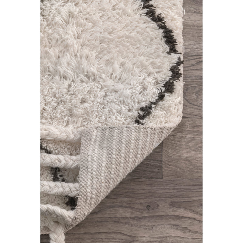 Twinar Geometric Hand Knotted Wool Off White/Dark Gray Shag Area Rug, Rectangle 2' x 3'