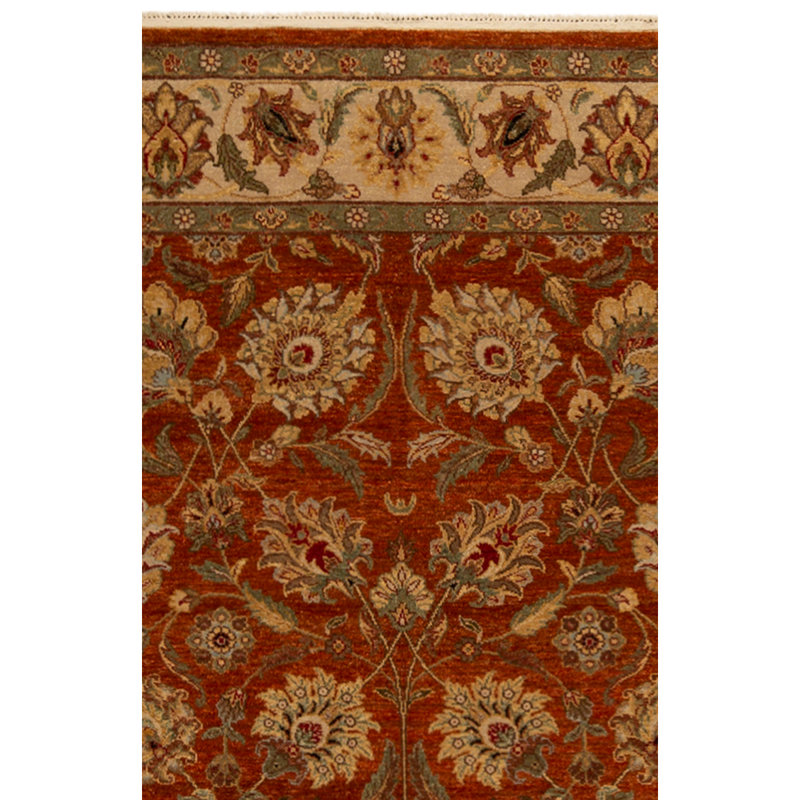 Tapis rouille / ivoire / vert / jaune de haute qualité noué à la main