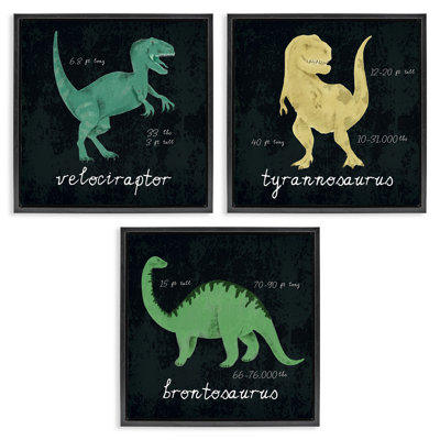 Dinosaur Facts Chalk Inspired Design 3 Piece Framed Floater Canvas Set by Daphne Polselli