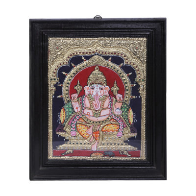«Ganesha Tanjore» assis, peinture | Couleurs traditionnelles avec or 24 carats | Structure en bois de teck | Fait à la main