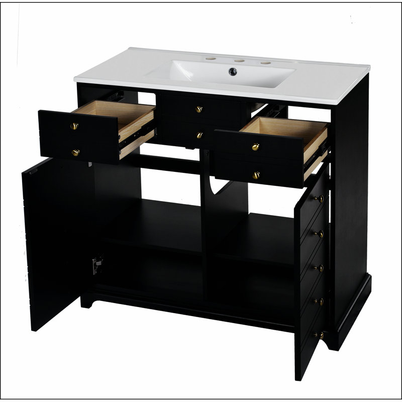 Ensemble de meuble-lavabo 36 po avec lavabo en résine, armoire de rangement en bois massif, ensemble de meuble-lavabo autoportant avec 2 tiroirs et portes à fermeture douce, noir