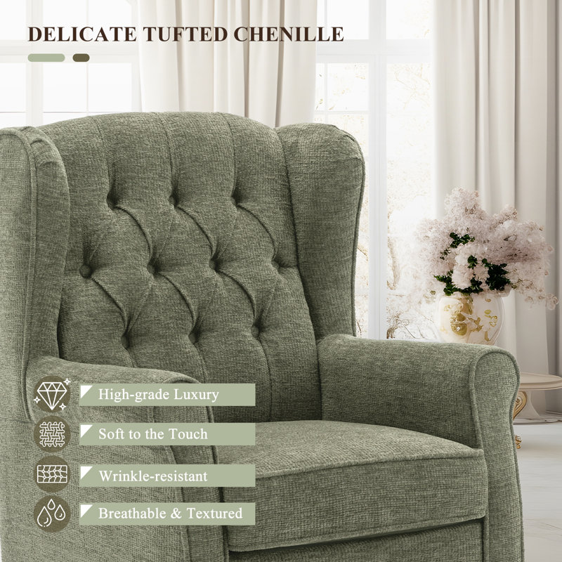 Button-Tufted Wingback Accent Chair - Solid Wood Legs with Rolled Arm &Thick Padded Cushion, Green Polyester, Brown