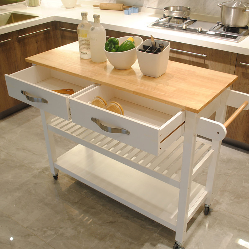 Kitchen Island Cart, P2 Grade Density Board And Lockable Wheels Drawers Open Shelves For Efficient Storage, White