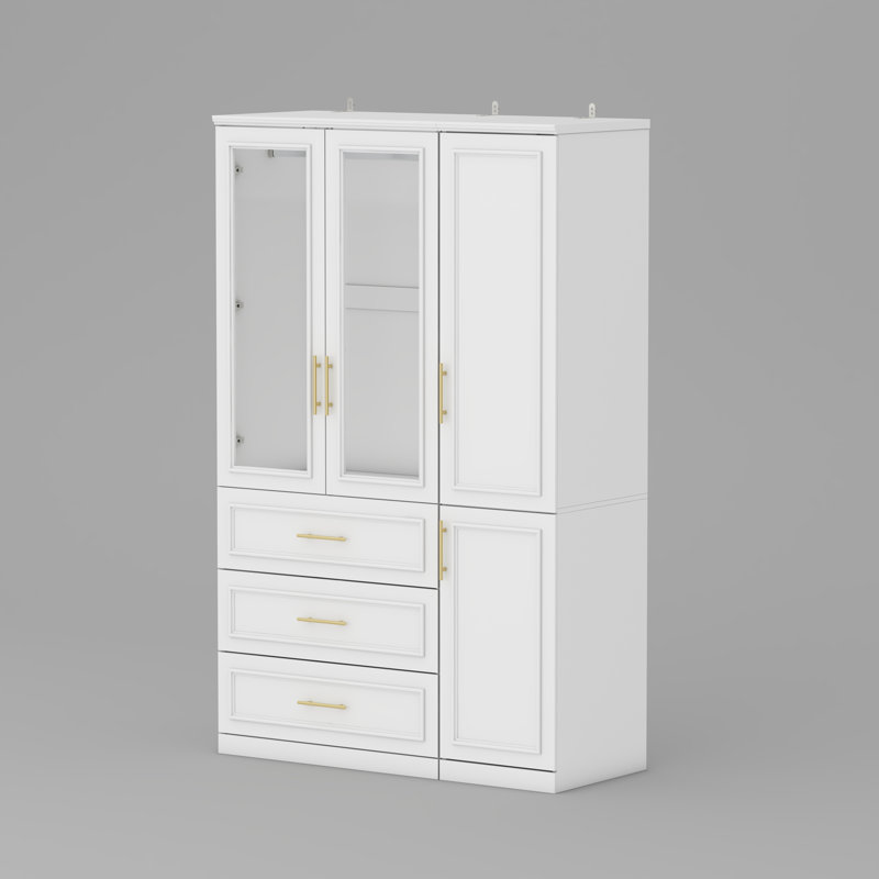 Armoire à trois portes avec panneaux de verre, poignées dorées et beaucoup de rangement - Design moderne avec deux tringles et tiroirs
