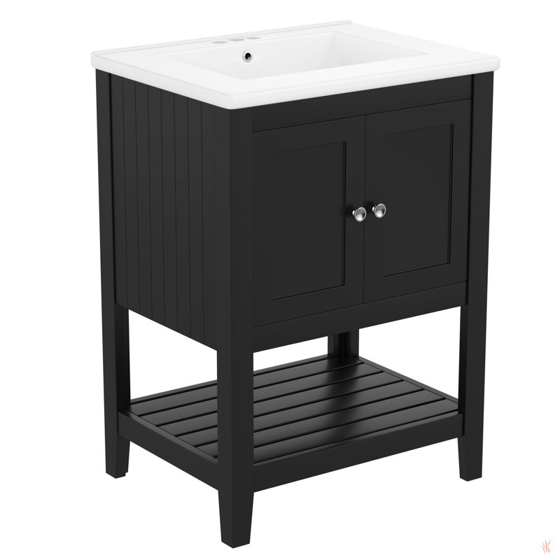 Lavabo de salle de bain moderne élégant en céramique 24 po avec tablette ouverte en bois massif, Argent argent, Noir