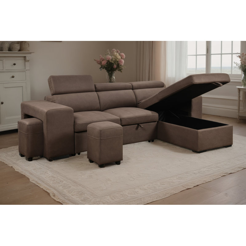 Huratio 102.7'' L Shape Sectional Sleeper Sofa 2 in 1 Convertible Sectional Sofa with Pull Out Bed, Storage Chaise And 2 Stools