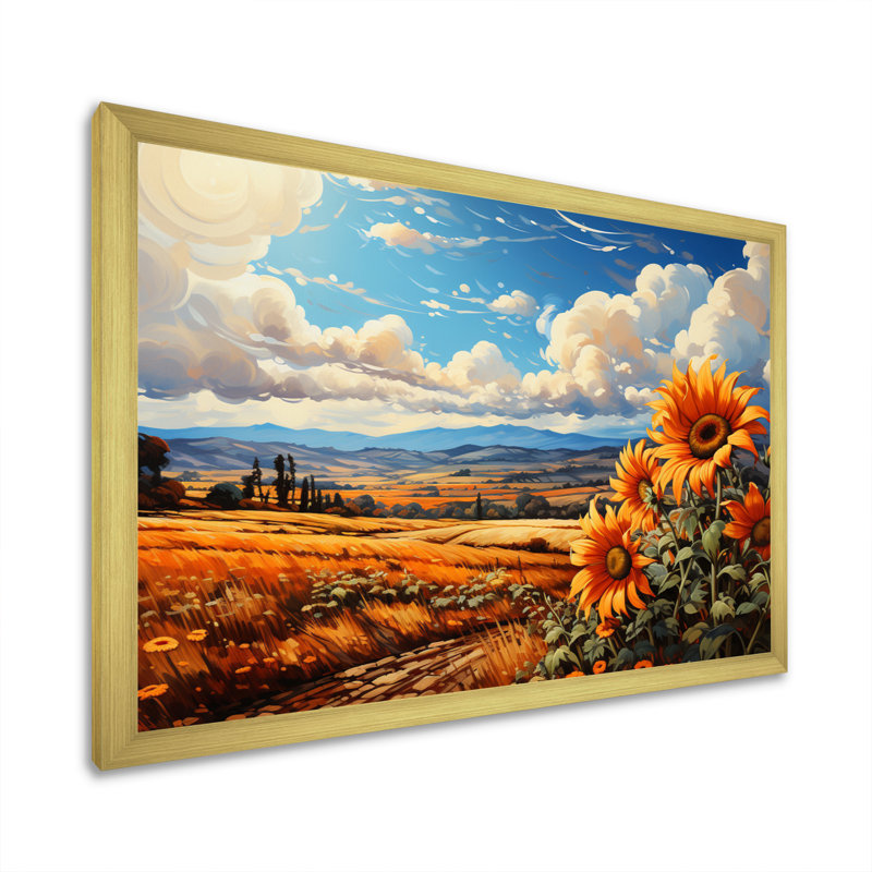 Champ de tournesols français Bilow, charme de campagne III - impression, H 34 po x l 44 po x P 1,5 po, Cadre doré simple