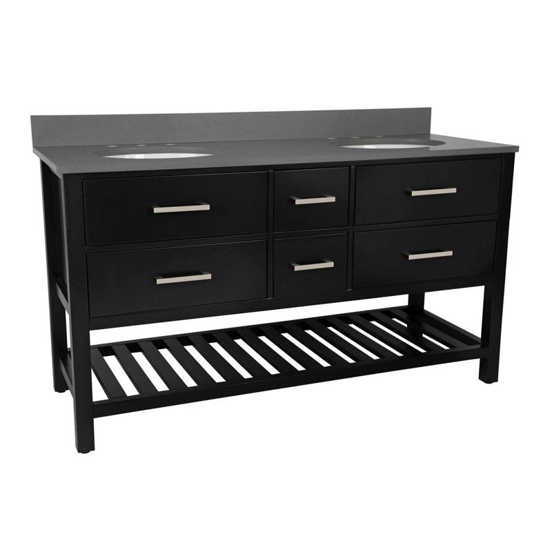 Meadowbrook 60'' Double Bathroom Vanity with Top, Black, Gray Quartz