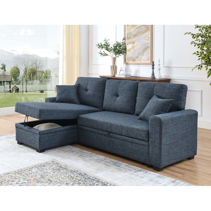 Sem Upholstered Sleeper Sofa, Blue Polyester, Left Hand Facing