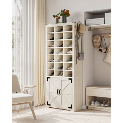 Shoe Storage Cabinet with Doors, 30 Pairs Free Standing Closet Organizer, 8.8" Widened Cell Wood Shoe Shelves, 10 Tiers Vertical Shoe Rack for Entryway, Bedroom, Rustic White