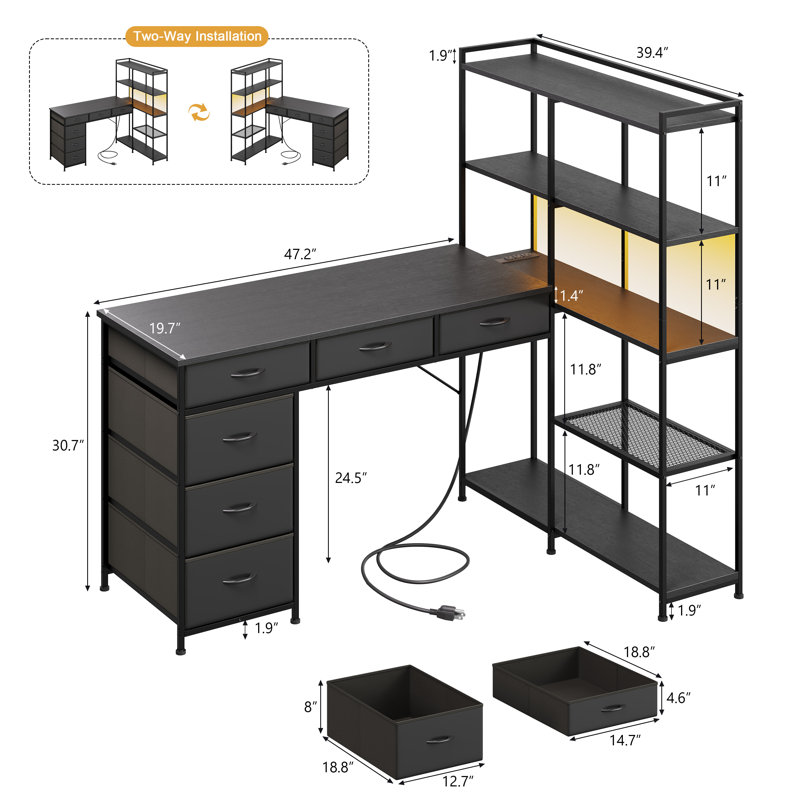 L Shaped Gaming Computer Desk with 6 Fabric Drawers, Corner Gaming Desk with Open Shelves, Home Office PC Table with Power Outlets & LED Lights, 58.3"l*54.3"h, Black