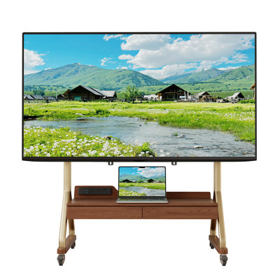Meuble télé en bois massif pour téléviseurs de 40 à 70 pouces avec roulettes, tiroirs de rangement et tablettes ouvertes, meuble de divertissement robuste pour le salon ou la chambre à coucher
