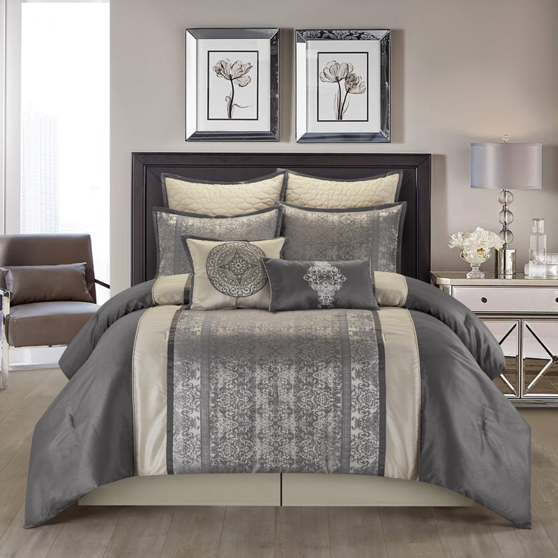 Arabesque 8 Piece Traditional Comforter Set, King Comforter + 7 Additional Pieces, Silver/Ivory