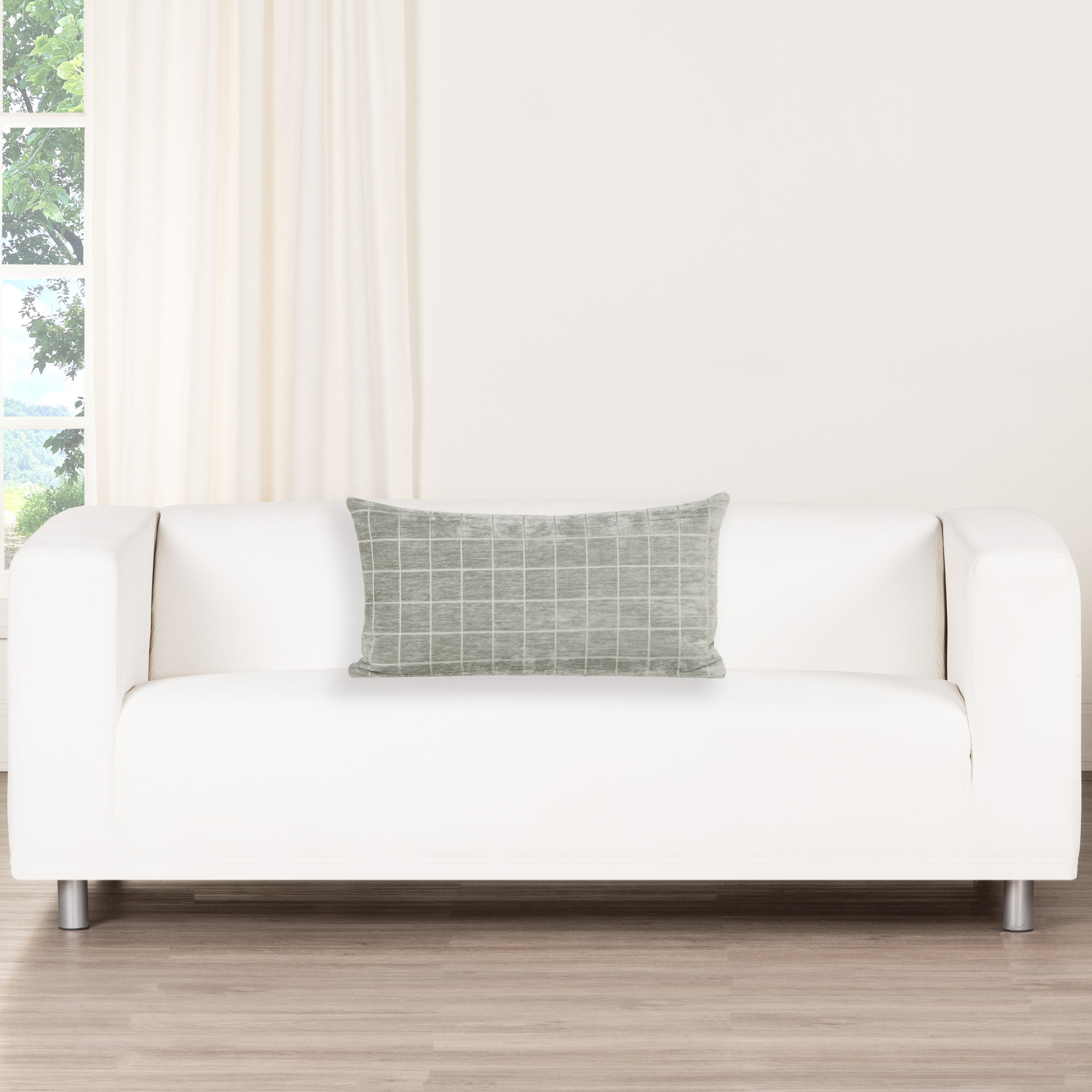 Otterville Velvet Grid Lumbar Pillow, Cement Geometric, Polyester, 14"H x 36"W