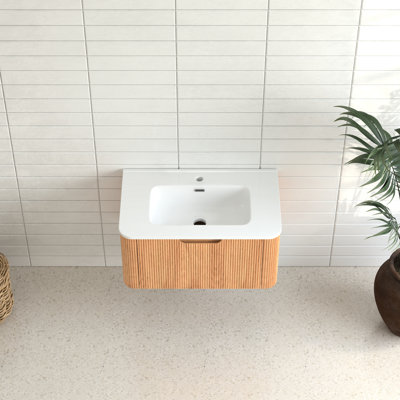 Bathroom Vanity 30" Floating With Natural Walnut Finish, Smooth Curved Edges, White Ceramic Basin, Pre-Assembled, Smart Storage Drawer, Soft-Close Function Drawer Storage, Mechanism