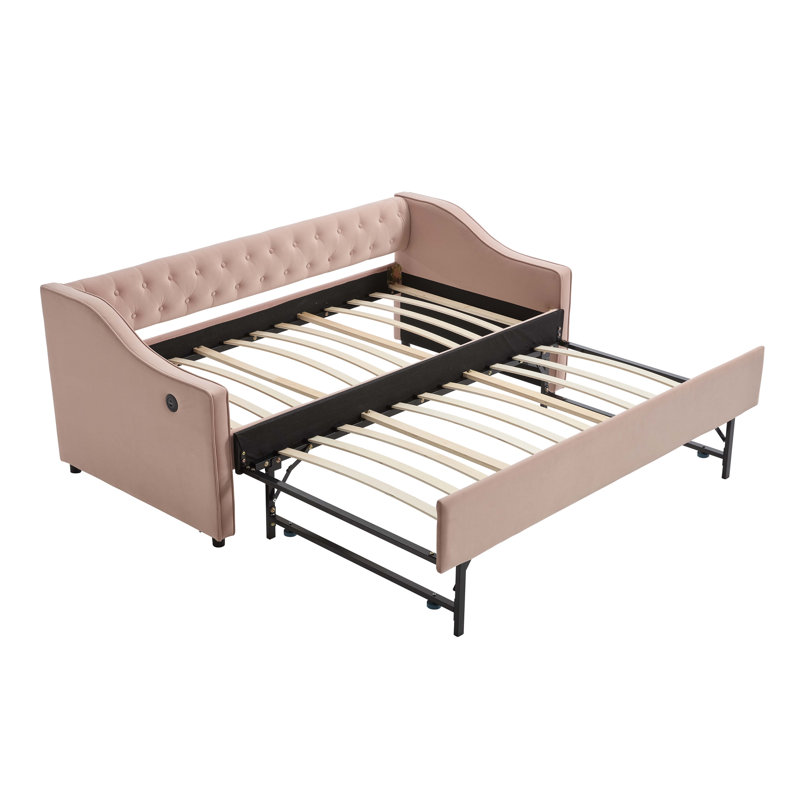 Velvet Twin Daybed On Rolling Casters With Charging Station, Modern Convertible Couch With Tufted Accents For Living Room And Guest Room