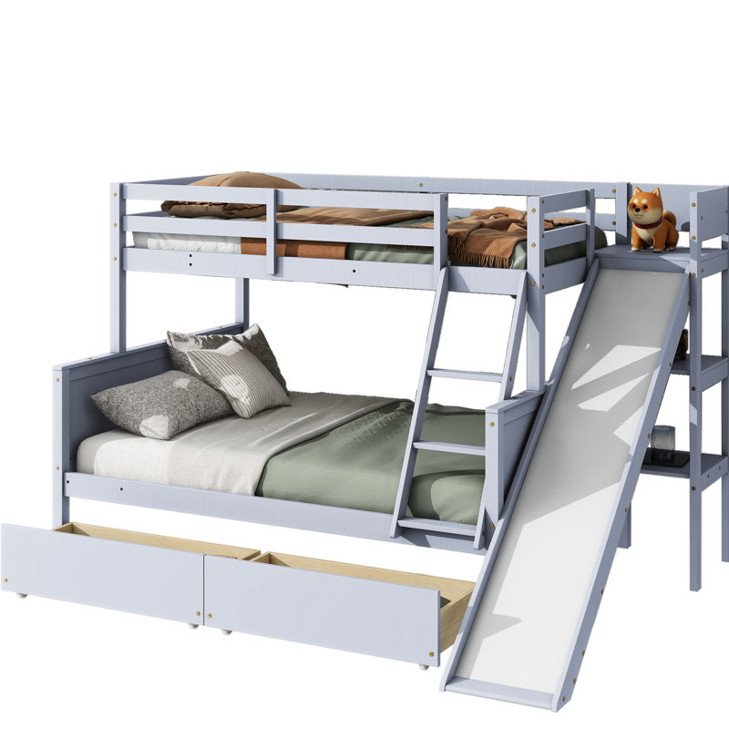Lit superposé simple au-dessus de double gris avec tiroirs, glissière, tablettes - cadre en bois d'hévéa avec 2 tiroirs et glissière