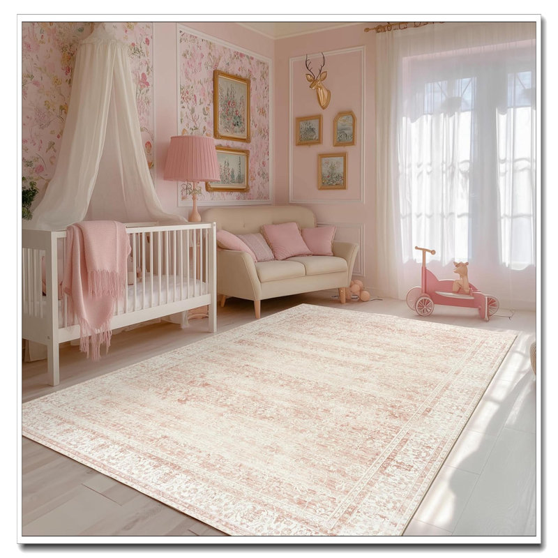 Blush Pink 5X7 Boho Floral Nursery Rug Washable Low-Pile Carpet For Baby Girl Bedroom, Rectangle 5' x 7', Pink