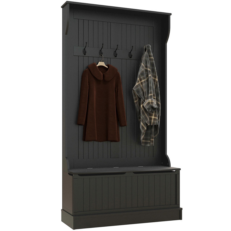 3-In-1 Entryway Hall Tree With Storage Bench, Coat Rack With Four Hooks And Shoe Storage, Black