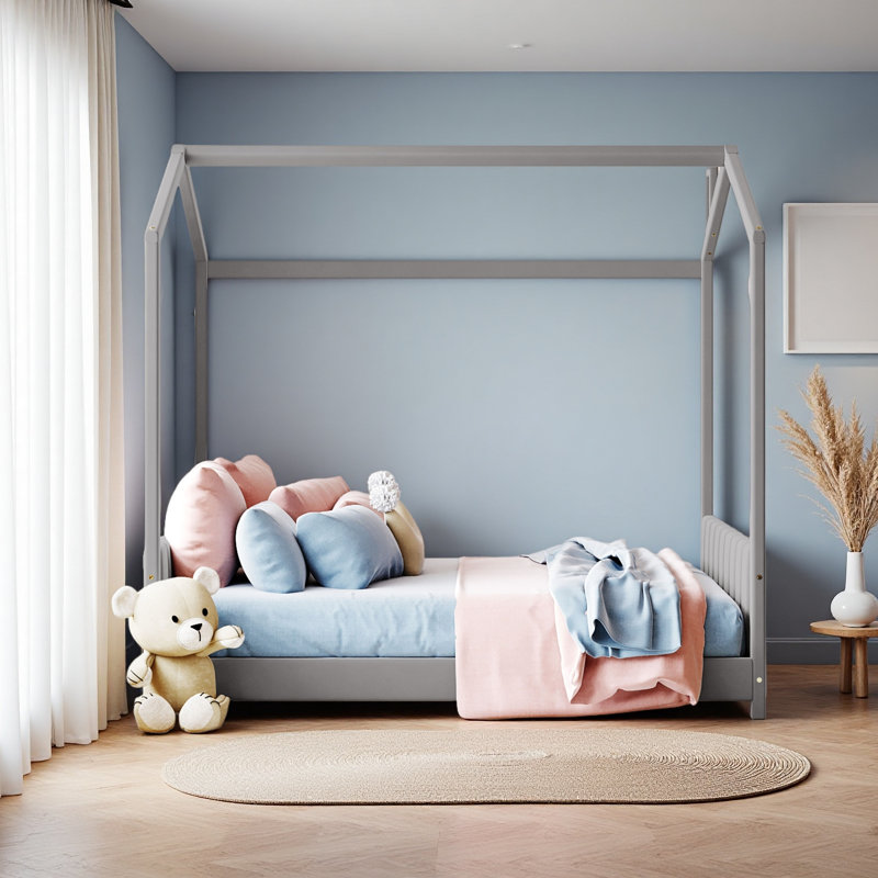 Velvet House Bed Wood Bed, Gray, Full